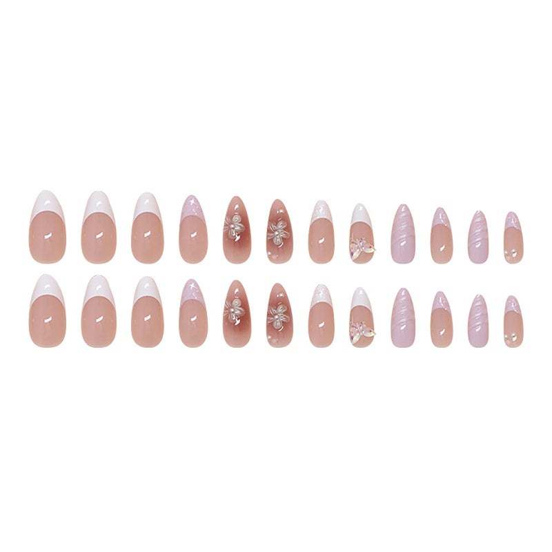 ASABITE 24 Pcs Pink Almond Press on Nails Medium Fake Nails with Glue Reusable False Nails with 3D Flower Butterfly Design Stiletto Nails Acrylic Nail Press ons Spring Nails for Women Nail Art Decorations - Image 5